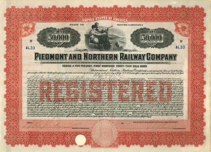Piedmont and Northern Railway Co. $50,000 Gold Bond signed by James B. Duke